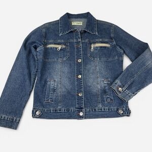 Vintage 1990s Womens Trucker Jacket Large Faded Denim Jean Formule Zipper Button